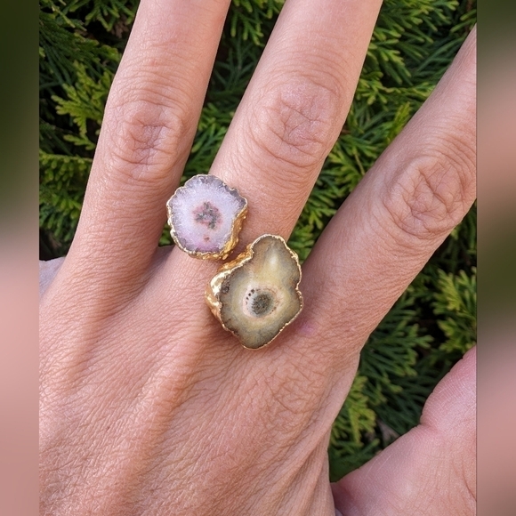 Artisan Handmade In Morocco Adjustable Boho Chic Double Geode Gold Ring Size 10 - Picture 2 of 8